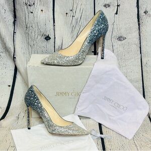 Jimmy Choo Romy 100 Gradient Ombré Sparkling Silver and Blue Heels